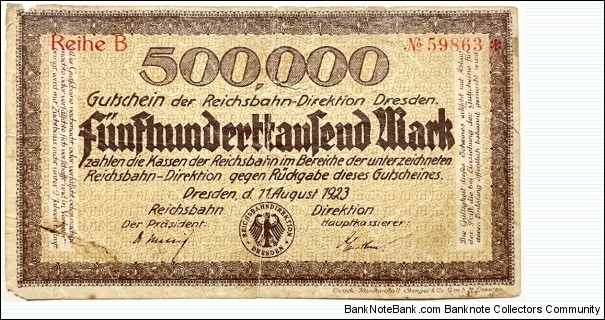 500.000 Mark (Deutsche Reichsbahn / Dresden)  Banknote