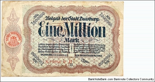 1.000.000 Mark (Duisburg /Westphalia /Ruhr Area Notgeld - Weimar Republic 1923)  Banknote