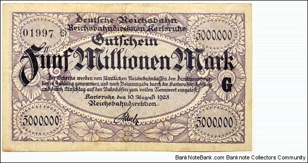 5.000.000 Mark (Deutsche Reichsbahn / Karlsruhe)  Banknote