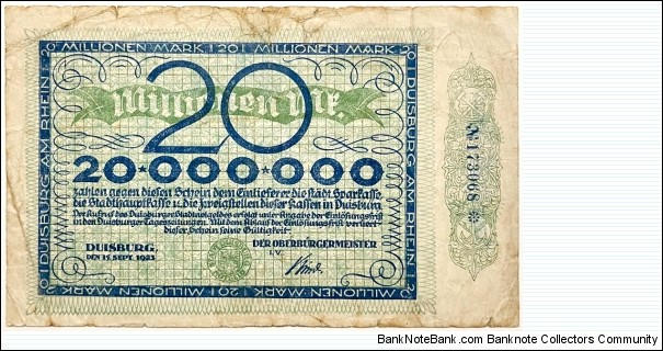 20.000.000 mark (Duisburg /Westphalia /Ruhr Area - Weimar Republic 1923)  Banknote