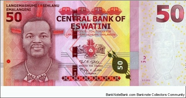 eSwatini 2018 50 Emalangeni.

First issue after Swaziland had its name changed to eSwatini. Banknote