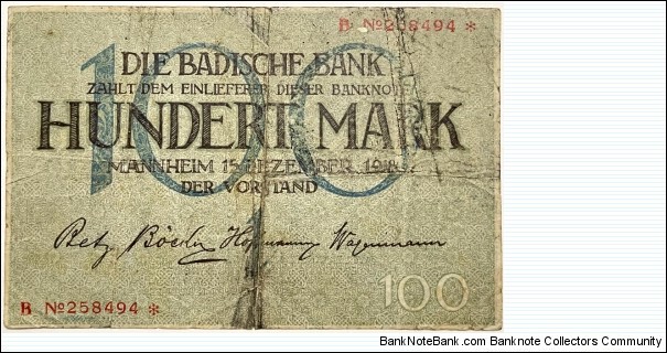 100 Mark (Regional Issue / Baden Note Issuing Bank - German Empire 1918)  Banknote