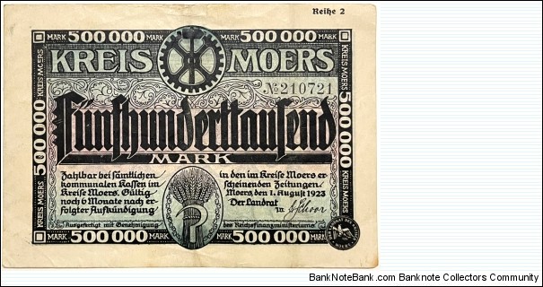 500.000 Mark (Local Issue / Kreis Moers - Wesel / Weimar Republic 1923)  Banknote
