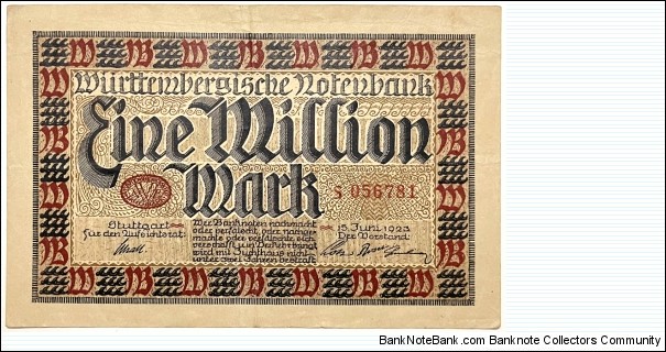 1.000.000 Mark (Regional Issue / Wurttemberg Note Issuing Bank / Weimar Republic 1923)  Banknote