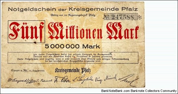 5.000.000 Mark (Local Issue / Palatinate District municipality / Weimar Republic 1923) Banknote