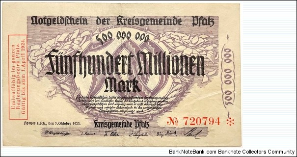 500.000.000 Mark (Local Issue / Palatinate District municipality / Weimar Republic 1923)  Banknote