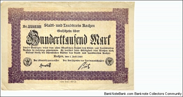100.000 Mark (Local Issue / Kreis Aachen District / Weimar Republic 1923)  Banknote