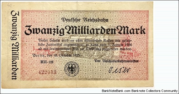 20.000.000.000 Mark (Deutsche Reichsbahn / Berlin)  Banknote