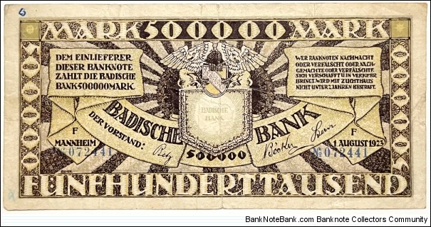 500.000 Mark (Regional Issue / Baden Note Issuing Bank - Weimar Republic 1923)  Banknote