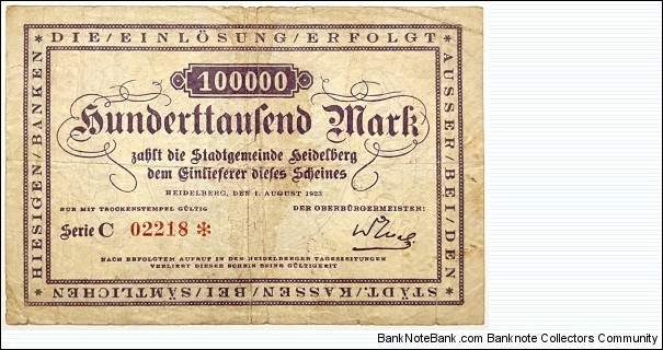 100.000 Mark (Local Issue / Heidelberg Municipality / Weimar Republic 1923)  Banknote
