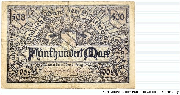 500 Mark (Regional Issue / Baden Note Issuing Bank - Weimar Republic 1922)  Banknote