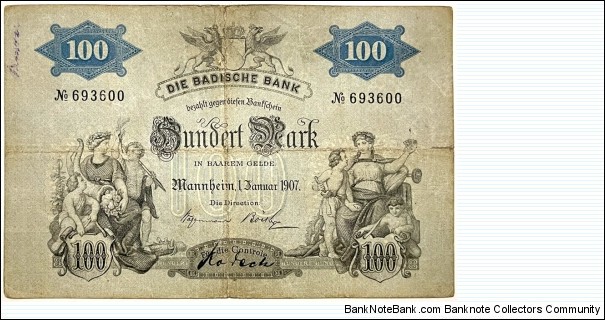 100 Mark (Regional Issue / Baden Note Issuing Bank - German Empire 1907)  Banknote