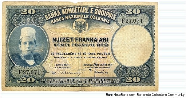 20 Franka Ari / Franchi Oro (Gold Francs / Special Serial 27071)   Banknote