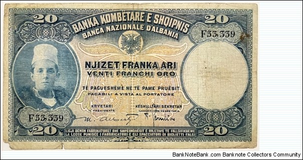 20 Franka Ari / Franchi Oro (Gold Francs / Partial Solid Serial 33339) Banknote