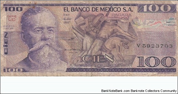 Obverse:  Venustiano Carranza (1859-1920, Mexican wealthy land owner and politician who was Governor of Coahuila, and 44th President).  