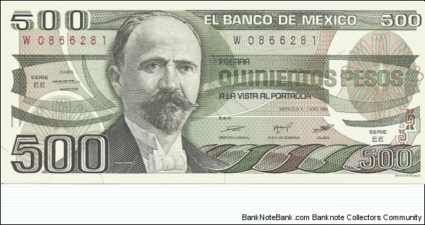 Obverse:  Francisco Ignacio Madero González (1873-1913, politician, writer and revolutionary who served as President of Mexico from 1911 to 1913) at left.   Bank title without S. A., narrow serial number style.  Like #75, but with threads. Design over watermark area, no watermark.
Reverse:  Aztec Calendar Sun Stone (Piedra del Sol, post-classic Mexica sculpture housed in the National Anthropology Museum in Mexico City, and is perhaps the most famous work of Mexica sculpture).  Mayan bas-relief. Banknote