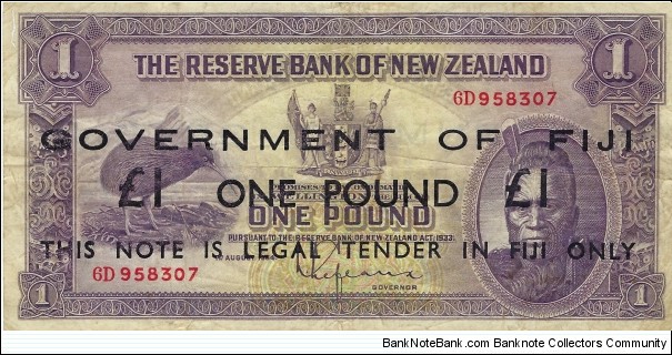 FIJI 1 Pound 1942

Overprint on New Zealand 1 Pound 1934 Banknote