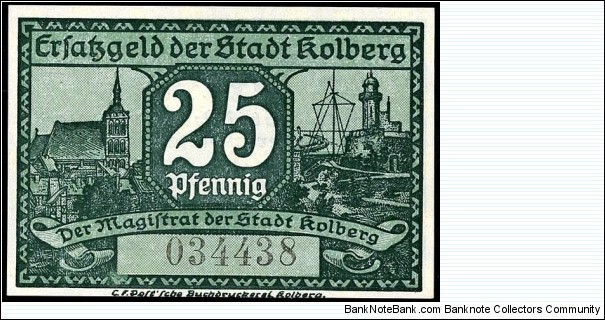 25 Pfennig notgeld City of Kolberg (now city in Poland Kołobrzeg) Banknote