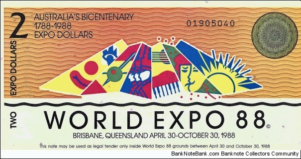 AUSTRALIA 2 Dollars 1988 World Expo Banknote