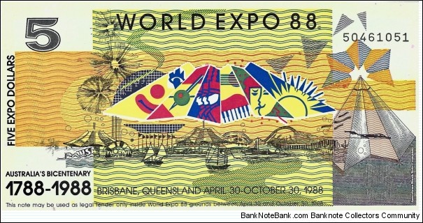 AUSTRALIA 5 Dollars 1988 World Expo Banknote