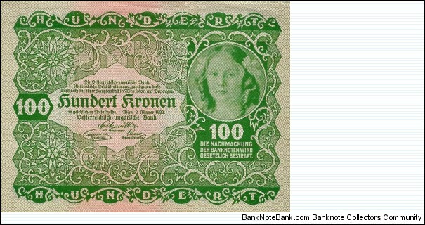 AUSTRIA 100 Kronen 1922 Banknote