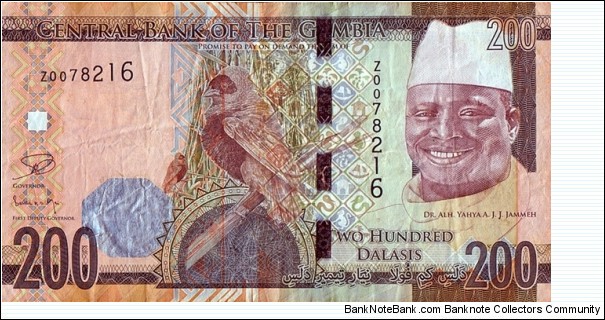 The Gambia N.D. (2015) 200 Dalasis.

Yahya Jammeh.

Replacement note. Banknote