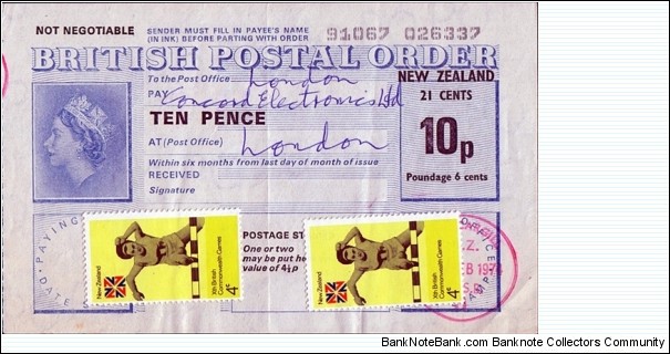 New Zealand 1974 21 Cents on 10 Pence postal order.

Issued at Invercargill. Banknote