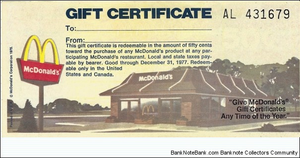 MCDONALDS 50 Cents 1976 (Gift Certificate) Banknote