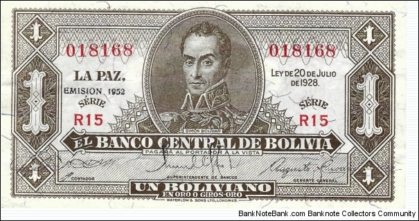 BOLIVIA 1 Boliviano 1952 Banknote