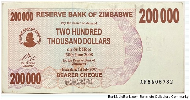 200.000 Dollars (Bearer Cheques Emergency Issue / 2nd issue 2007) Banknote