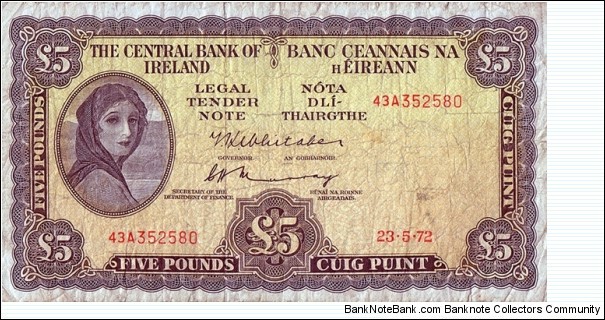 Ireland 1972 5 Pounds. Banknote