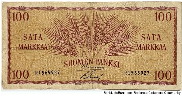100 Markkaa (Simonen & Sacklen signatures) Banknote