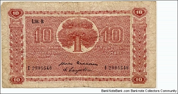 10 Markkaa (Litt.B / kekkonen & Carpelan/ 1948) Banknote
