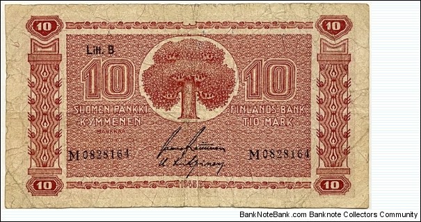 10 Markkaa (Litt.B / Raittinen & Kilpinen/ 1948)  Banknote
