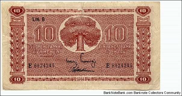 10 Markkaa (Litt.B / Tuomioja & Wahlman/ 1948)  Banknote