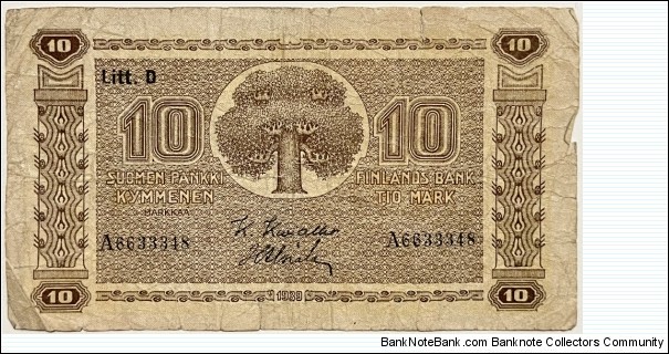 10 Markkaa (Litt.D / kivialho & Alsiala) Banknote