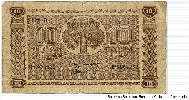 10 Markkaa (Litt.D / Rangell & Wahlman)  Banknote