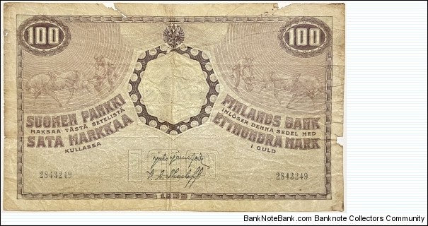 100 Markkaa Kullassa / Gold Mark (Peoples Commissariat Issue / Jarnefelt & Thesleff signatures / 1918 issue) Banknote