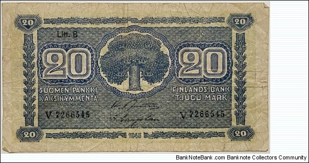 20 Markkaa (Litt.B / Jutila & Carpelan/ 1948)  Banknote