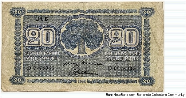 20 Markkaa (Litt.B / Kekkonen-and-Wahlman/ 1948) Banknote