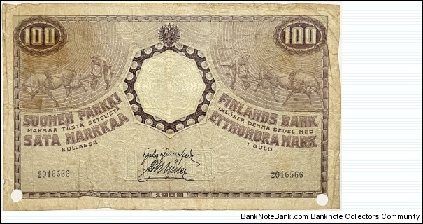 100 Markkaa Kullassa / Gold Mark (Russian Empire / Grand Duchy of Finland Issue / Jarnefelt & Muller signatures) Banknote