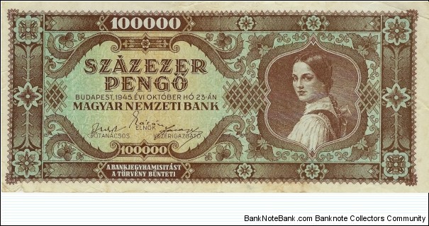 HUNGARY 100,000 Pengo 1945 Banknote