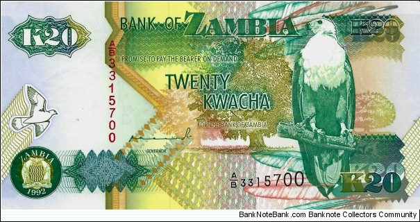 ZAMBIA 20 Kwacha 1992 Banknote