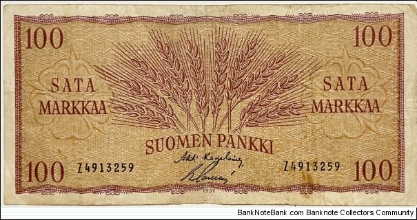 100 Markkaa (Karjalainen & Sacklen signatures)  Banknote