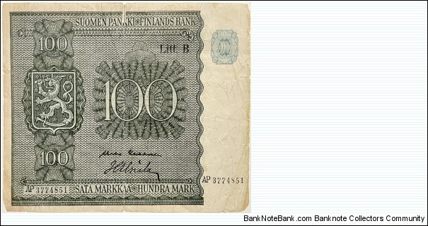 100 Markkaa (Litt.B / Kekkonen & Alsiala / 1948 Issue)  Banknote
