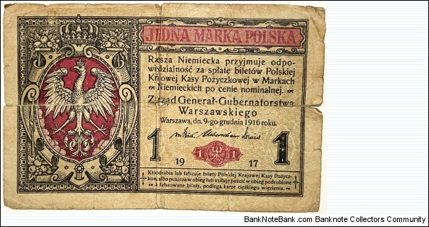 1 Marka (German Occupation-1st W.W / State Loan Bank of Poland 1917) 