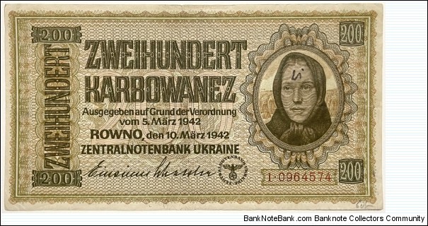 200 Karbowanez (Zentralnotenbank Ukraine / German Occupation WW II) Banknote