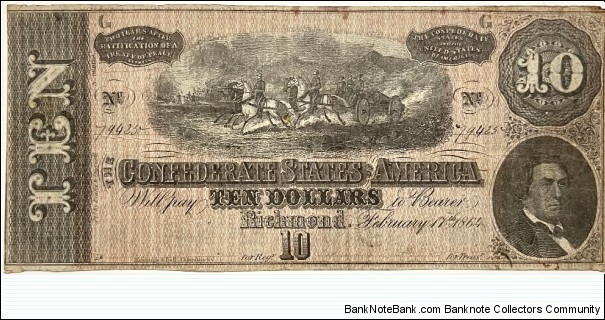 10 Dollars (Confederate States of America / Civil War 1864)  Banknote
