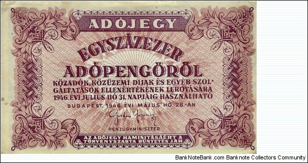 HUNGARY 100,000 Adopengo 1946 Banknote