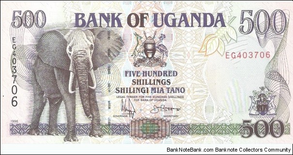 500 shillings; ND (1996).  Part of the Elephant Collection! Banknote